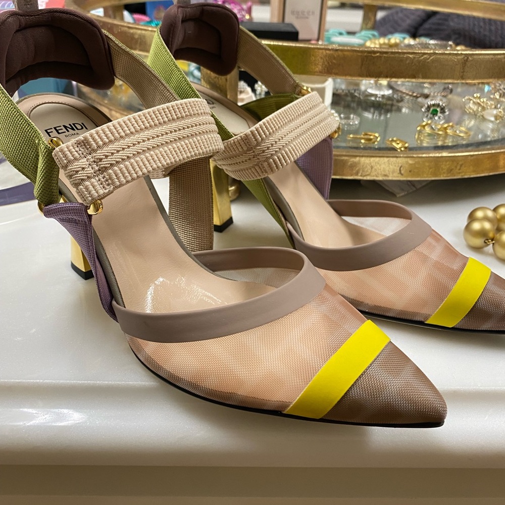 Fendi Multicolor Pointed-Toe Slingback Pumps with Yellow Accent